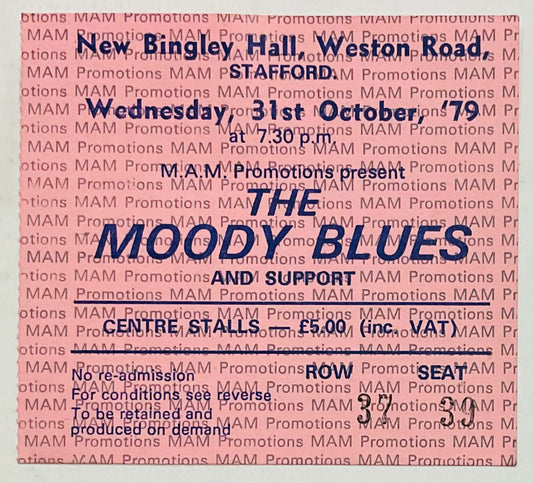 Moody Blues Original Used Concert Ticket New Bingley Hall Stafford 31st Oct 1979