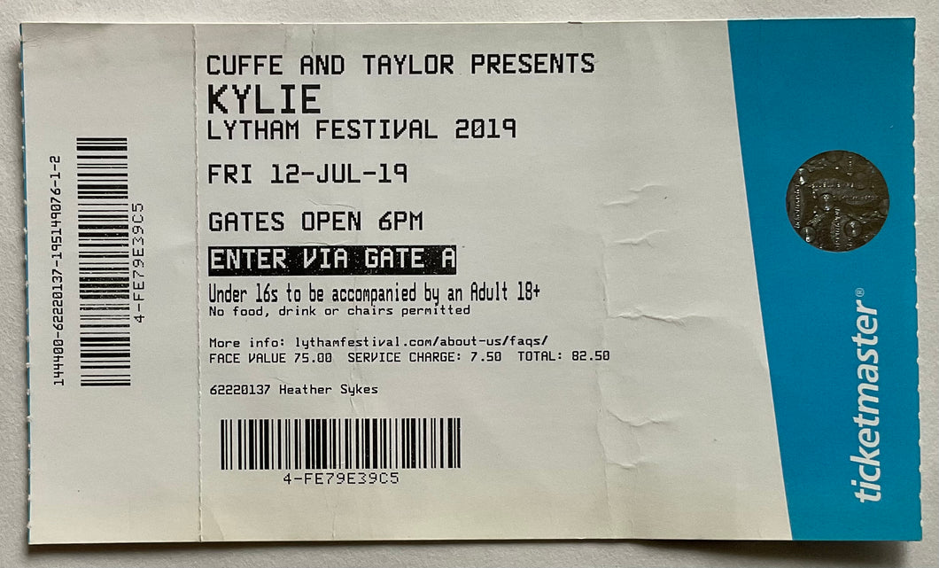 Kylie Minogue Original Unused Concert Ticket Lytham Festival 12th Jul 2019