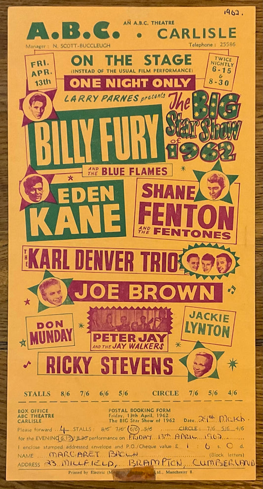 Billy Fury Joe Brown Original Concert Handbill Flyer ABC Theatre Carlisle 13th Apr 1962