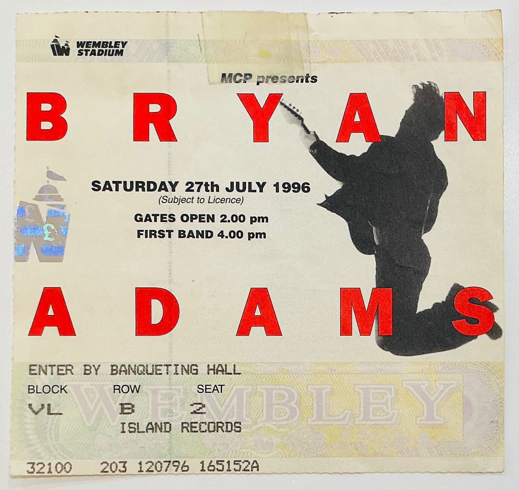 Bryan Adams Original Used Concert Ticket Wembley Stadium London 27th July 1996