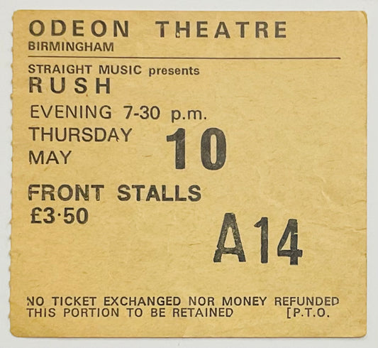 Rush Original Used Concert Ticket Odeon Theatre Birmingham 10th May 1979