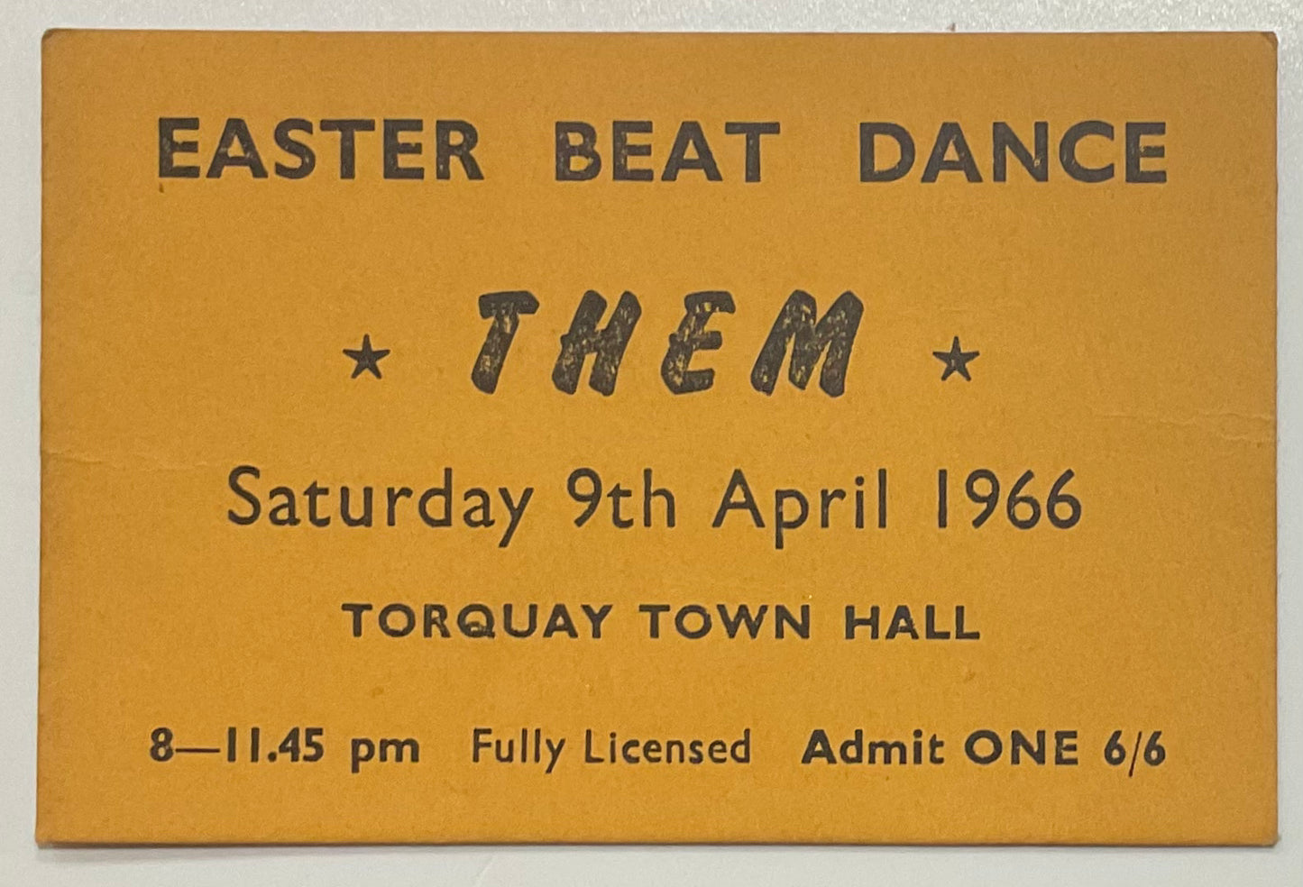 Them Van Morrison Original Used Concert Ticket Torquay Town Hall 9th Apr 1966