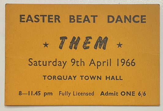 Them Van Morrison Original Used Concert Ticket Torquay Town Hall 9th Apr 1966