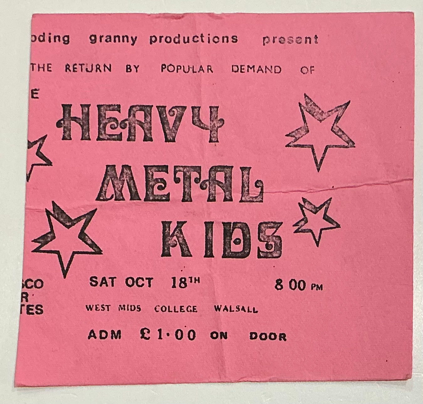 Heavy Metal Kids Original Concert Ticket West Midlands College Walsall 18th Oct 1975