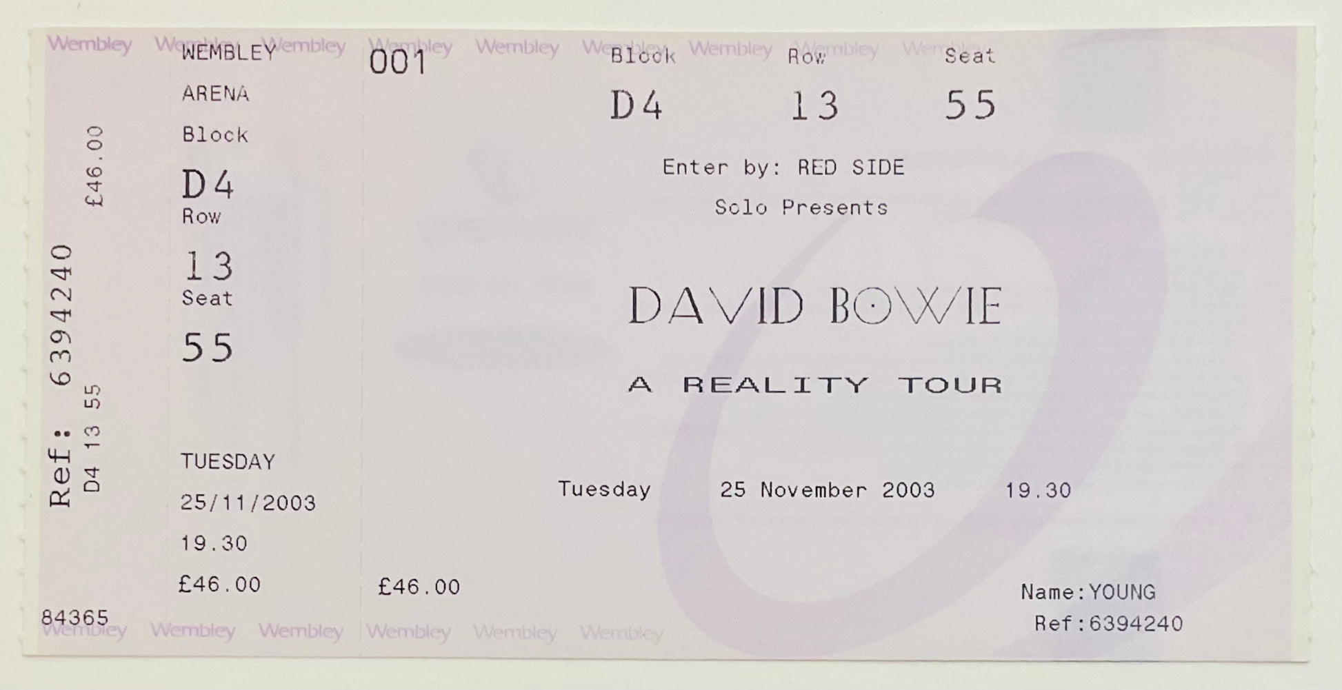 David Bowie Original Unused Concert Ticket Wembley Arena London 25th Nov 2003