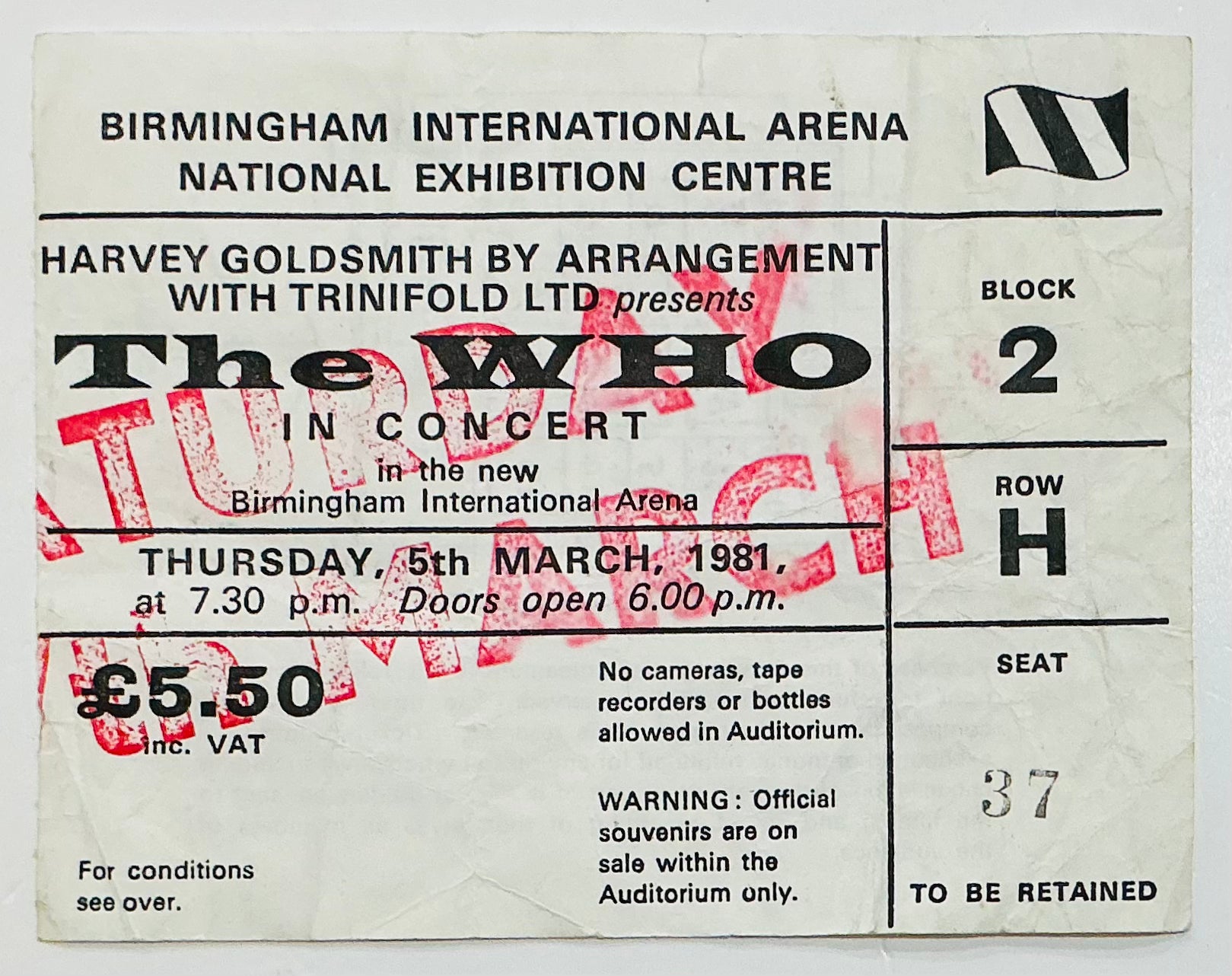 Who Original Used Concert Ticket NEC Arena Birmingham 7th Mar 1981