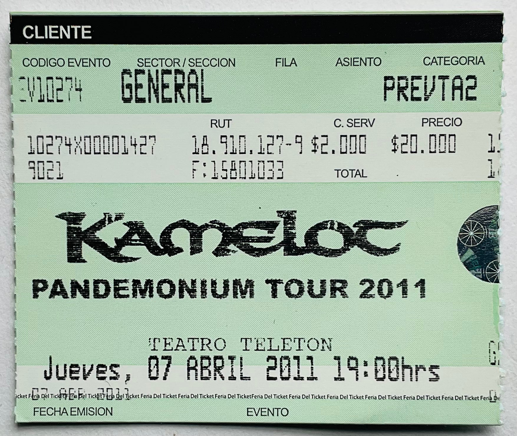 Kamelot Original Used Concert Ticket Teatro Teleton Santiago 7th Apr 2011
