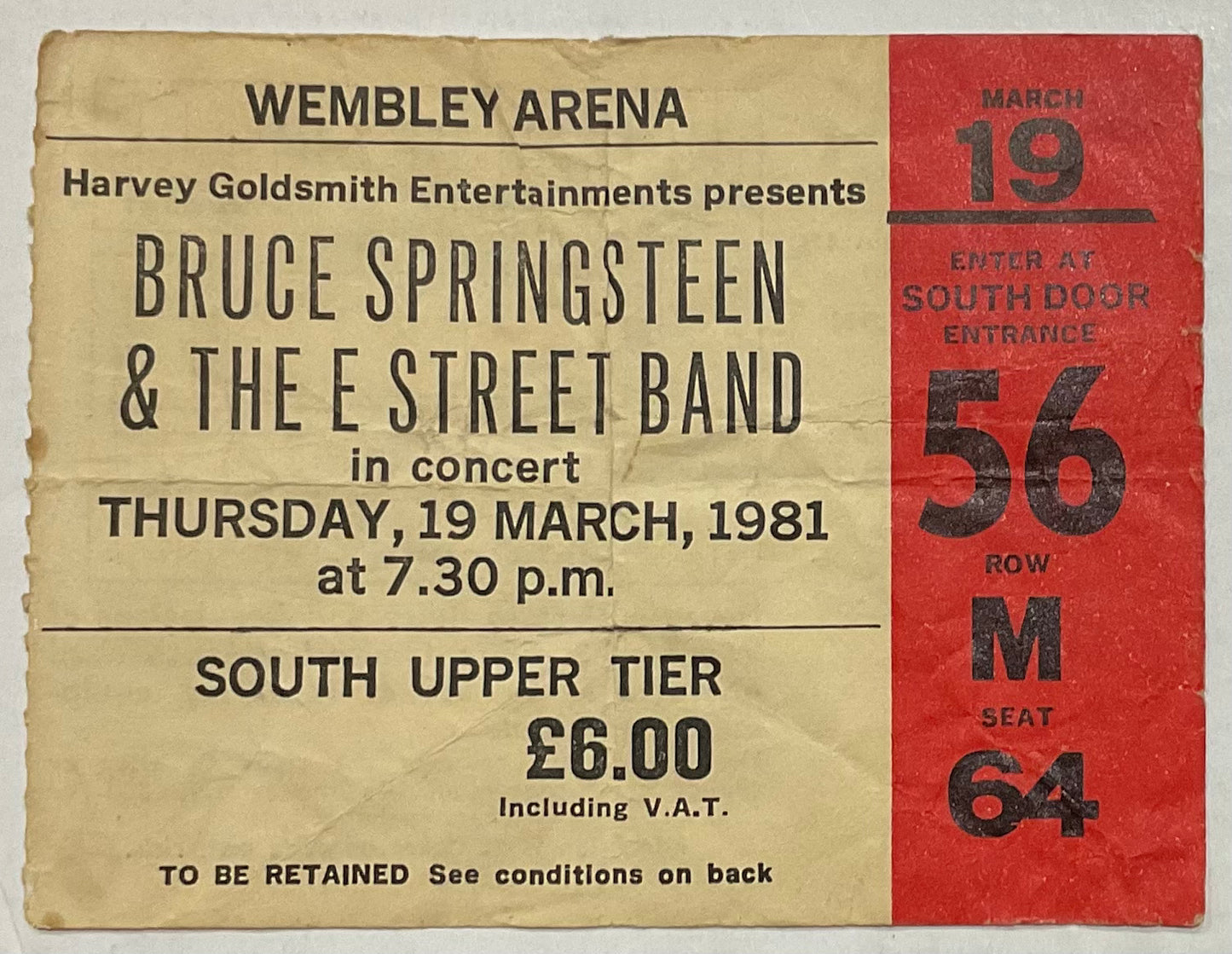 Bruce Springsteen Original Used Concert Ticket Wembley Arena London 19th Mar 1981