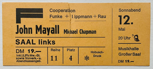 John Mayall Original Used Concert Ticket Musikhalle Hamburg 12th May 1973