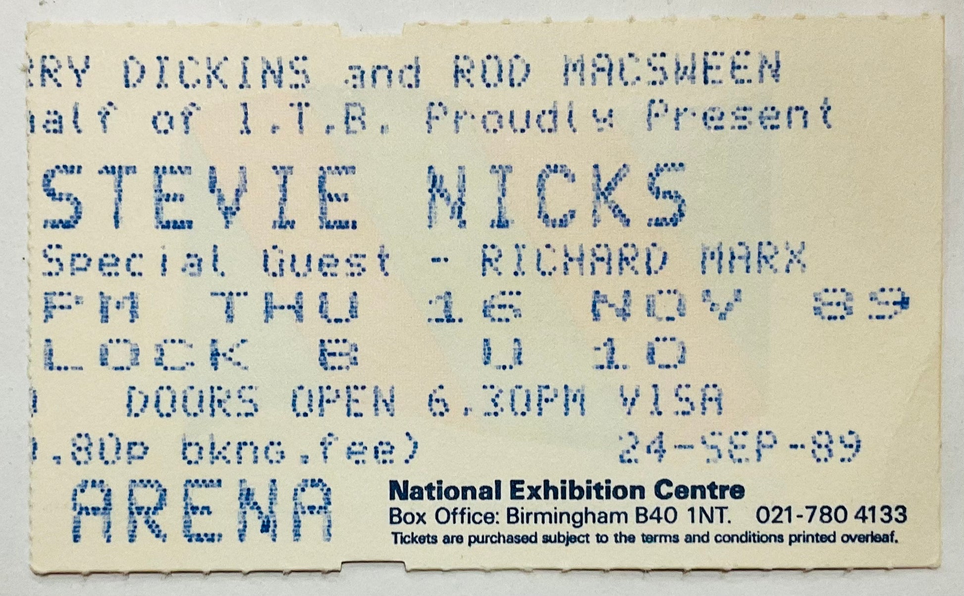 Fleetwood Mac Stevie Nicks Original Used Concert Ticket NEC Arena Birmingham 16th Nov 1989