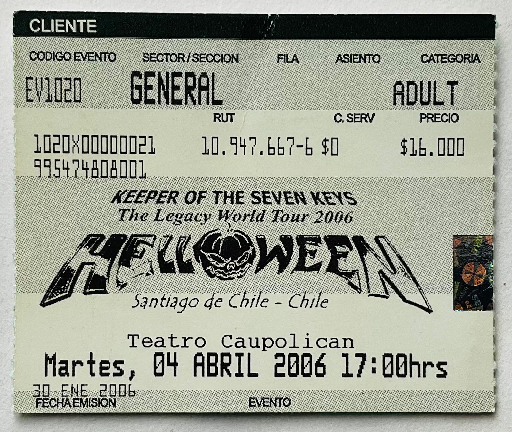 Helloween Original Used Concert Ticket Teatro Caupolican Santiago 4th Apr 2006