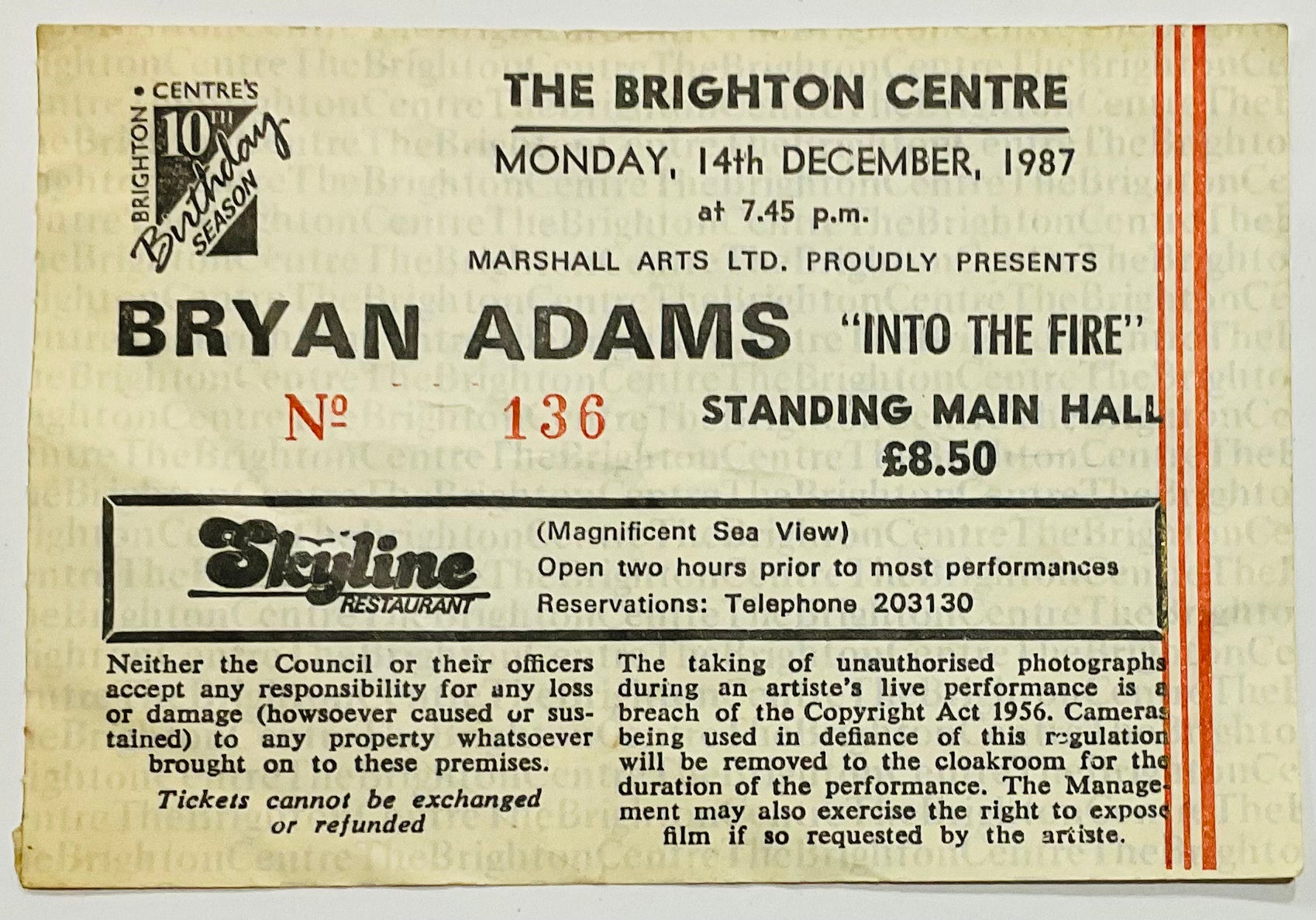 Bryan Adams Original Used Concert Ticket Brighton Centre 14th Dec 1987