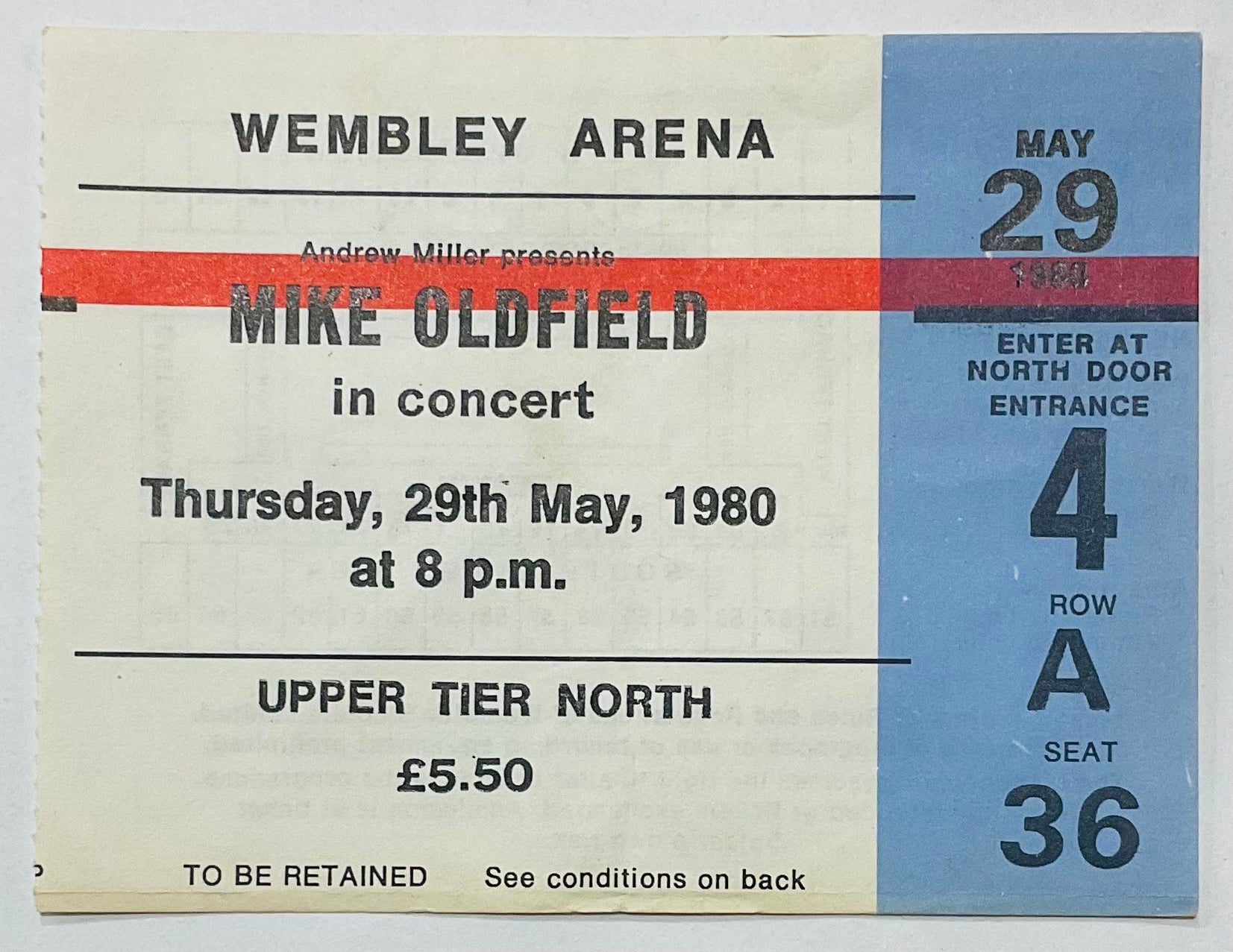 Mike Oldfield Original Used Concert Ticket Wembley Arena London 29th May 1980