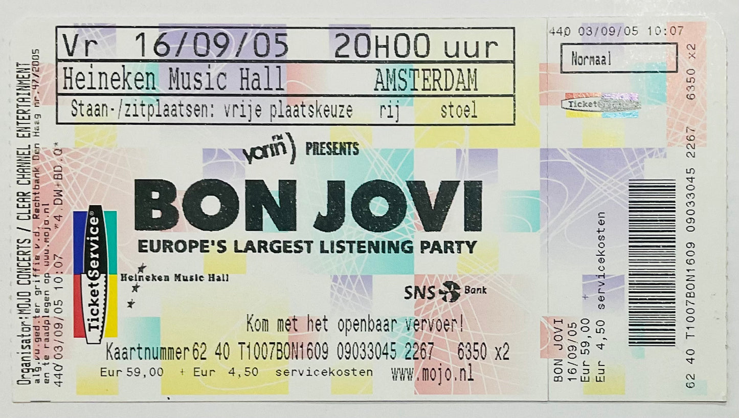 Bon Jovi Original Unused Concert Ticket Heineken Music Hall Amsterdam 16th Sep 2005