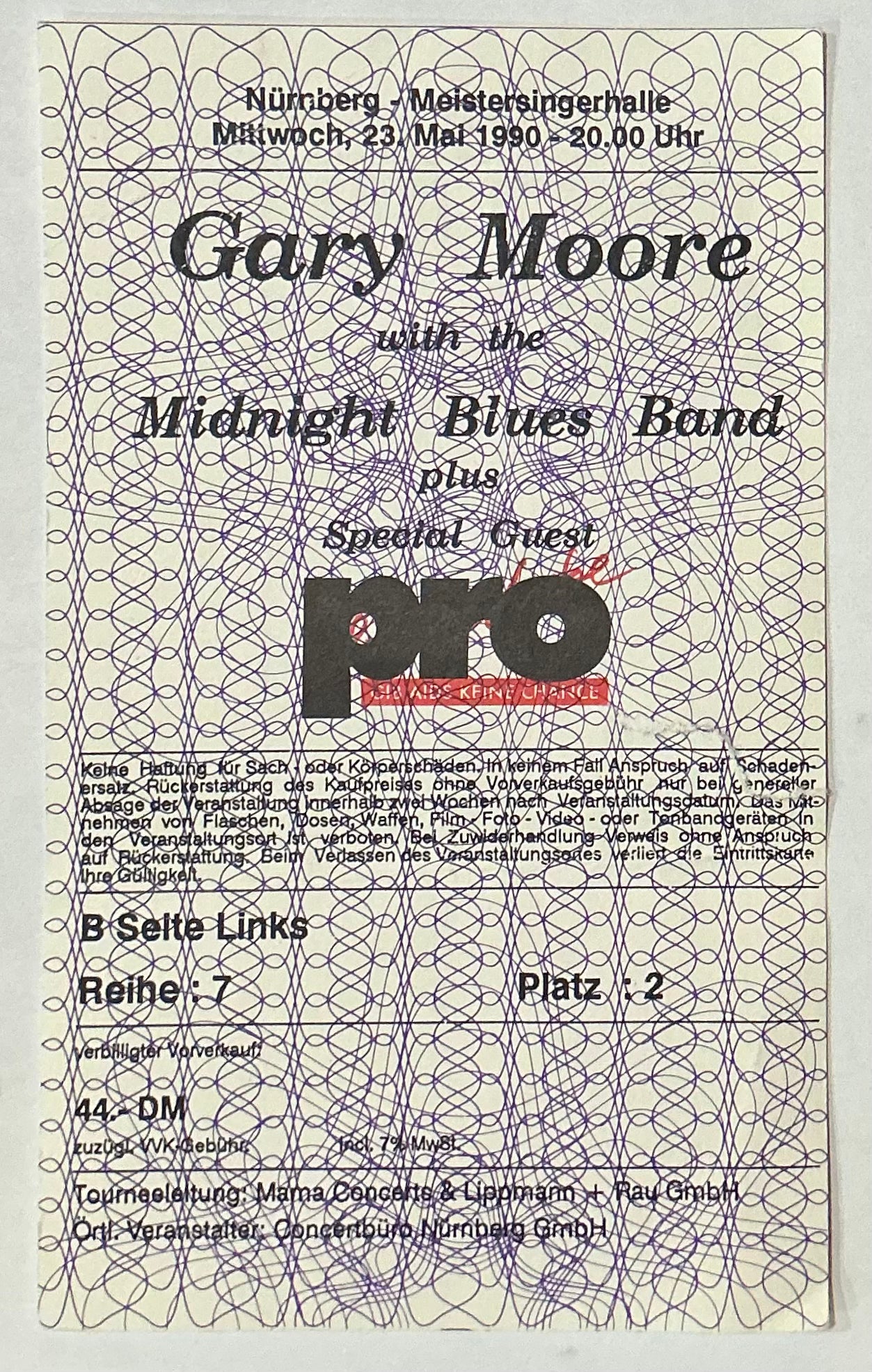 Gary Moore Original Used Concert Ticket Meistersingerhalle Nurburg 23rd May 1990