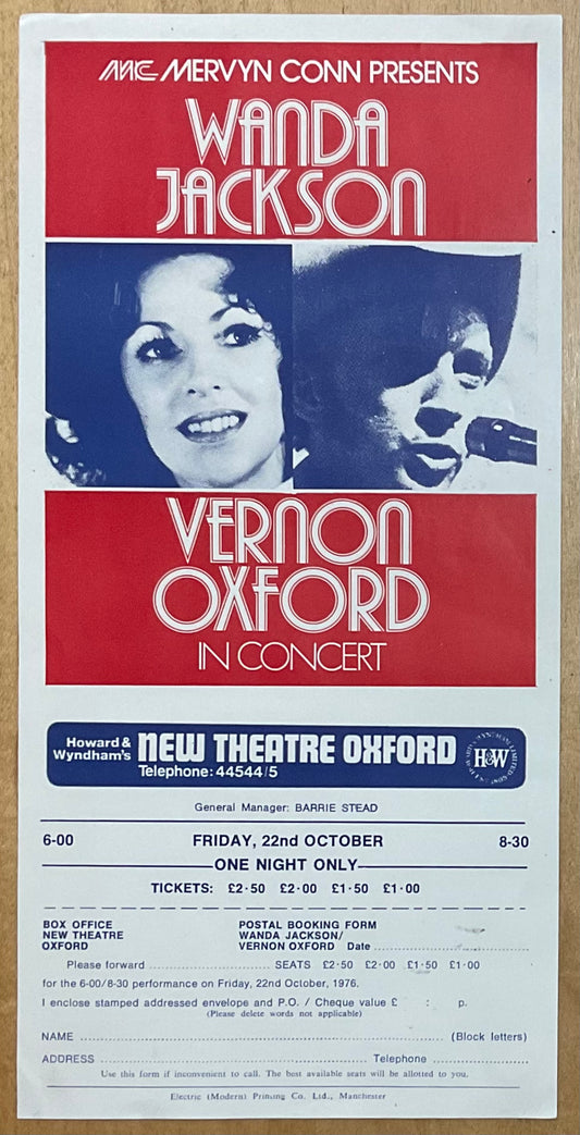 Wanda Jackson Vernon Oxford Original Concert Handbill Flyer New Theatre Oxford 22nd Oct 1976