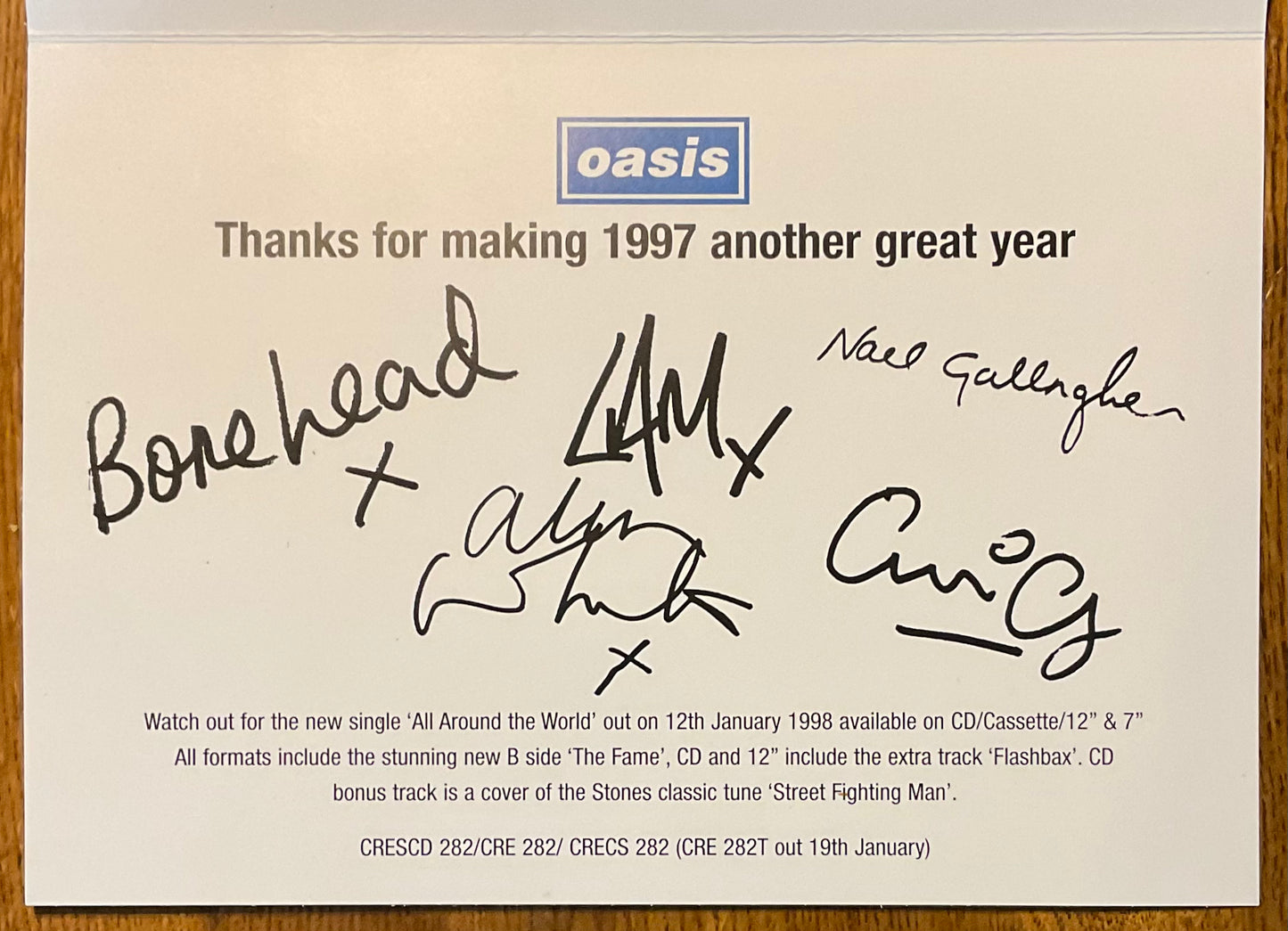 Oasis Original Official Fan Club Christmas Card 1997