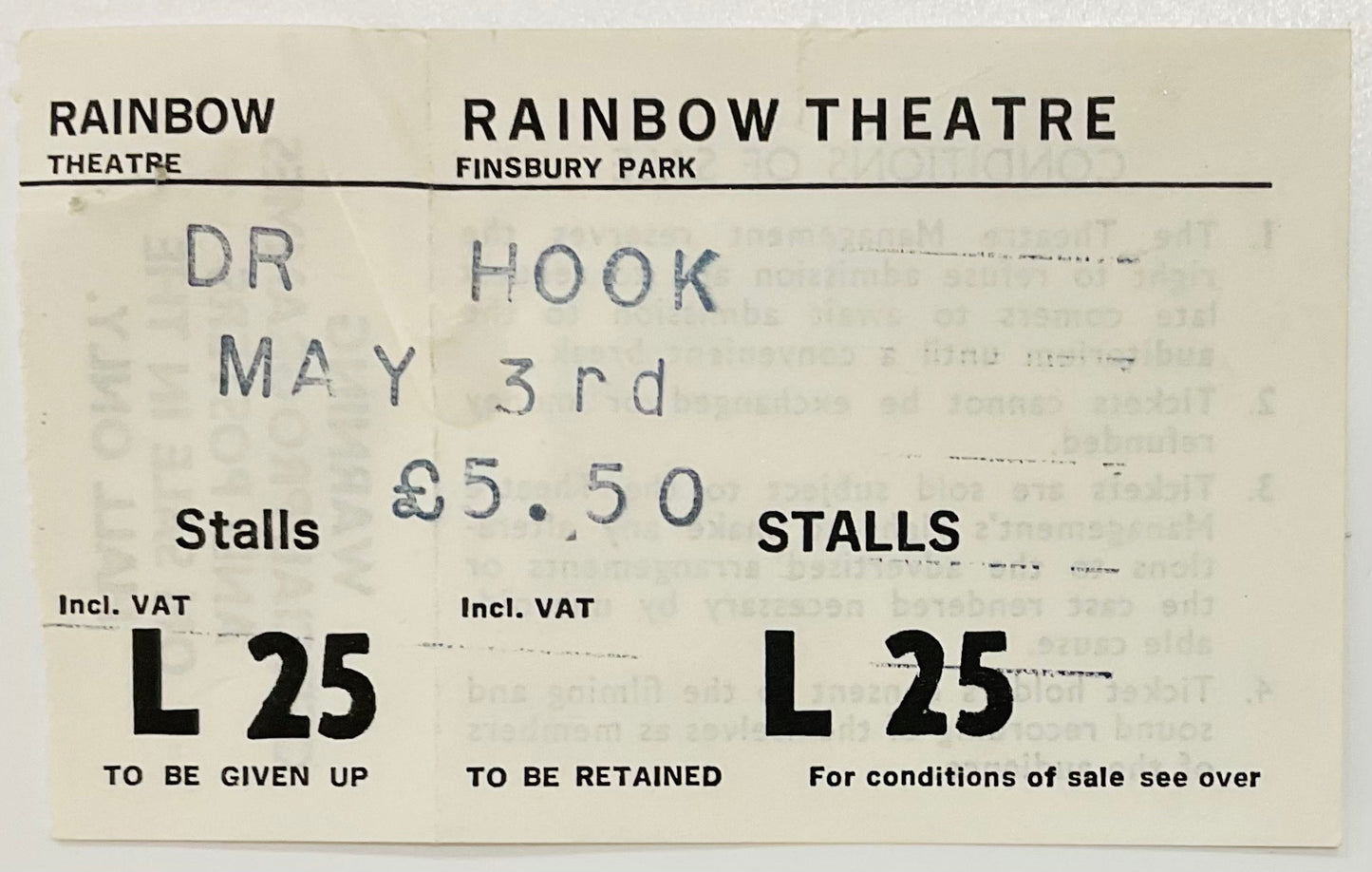 Dr Hook Original Unused Concert Ticket Rainbow Theatre London 3rd May 1980