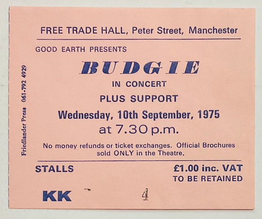 Budgie Original Used Concert Ticket Free Trade Hall Manchester 10th Sep 1975