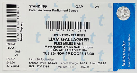 Oasis Liam Gallagher Original Unused Concet Ticket Motorpoint Arena Nottingham 26th Nov 2019