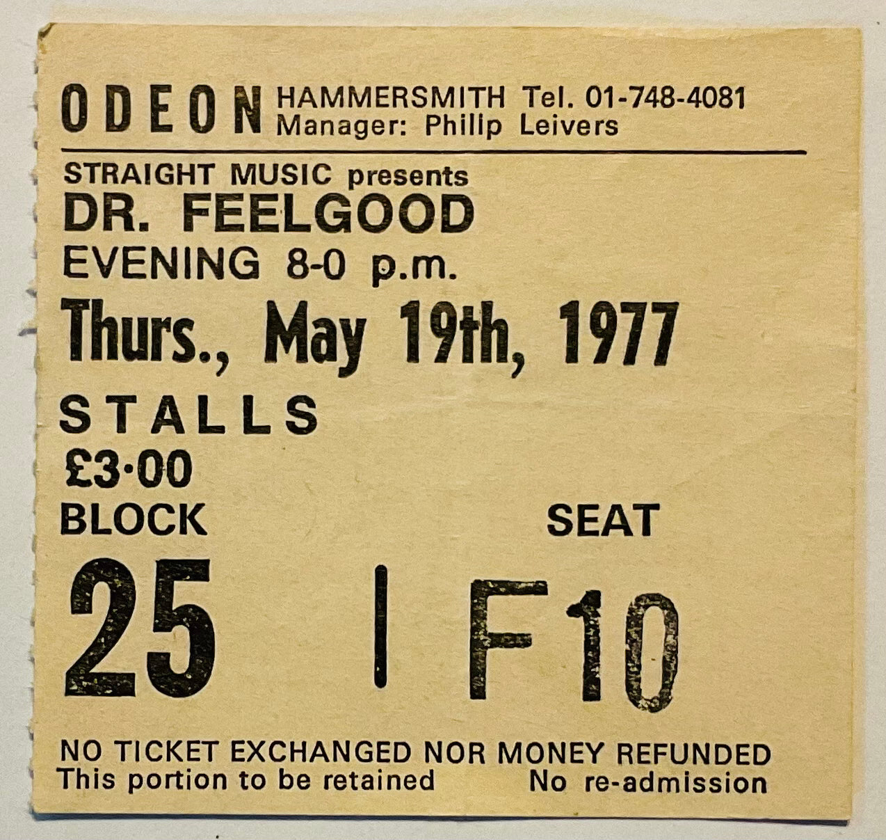 Dr Feelgood Original Used Concert Ticket Hammersmith Odeon London 19th May 1977