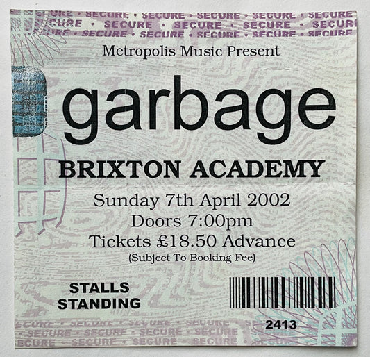 Garbage Original Used Concert Ticket Brixton Academy London 7th Apr 2002