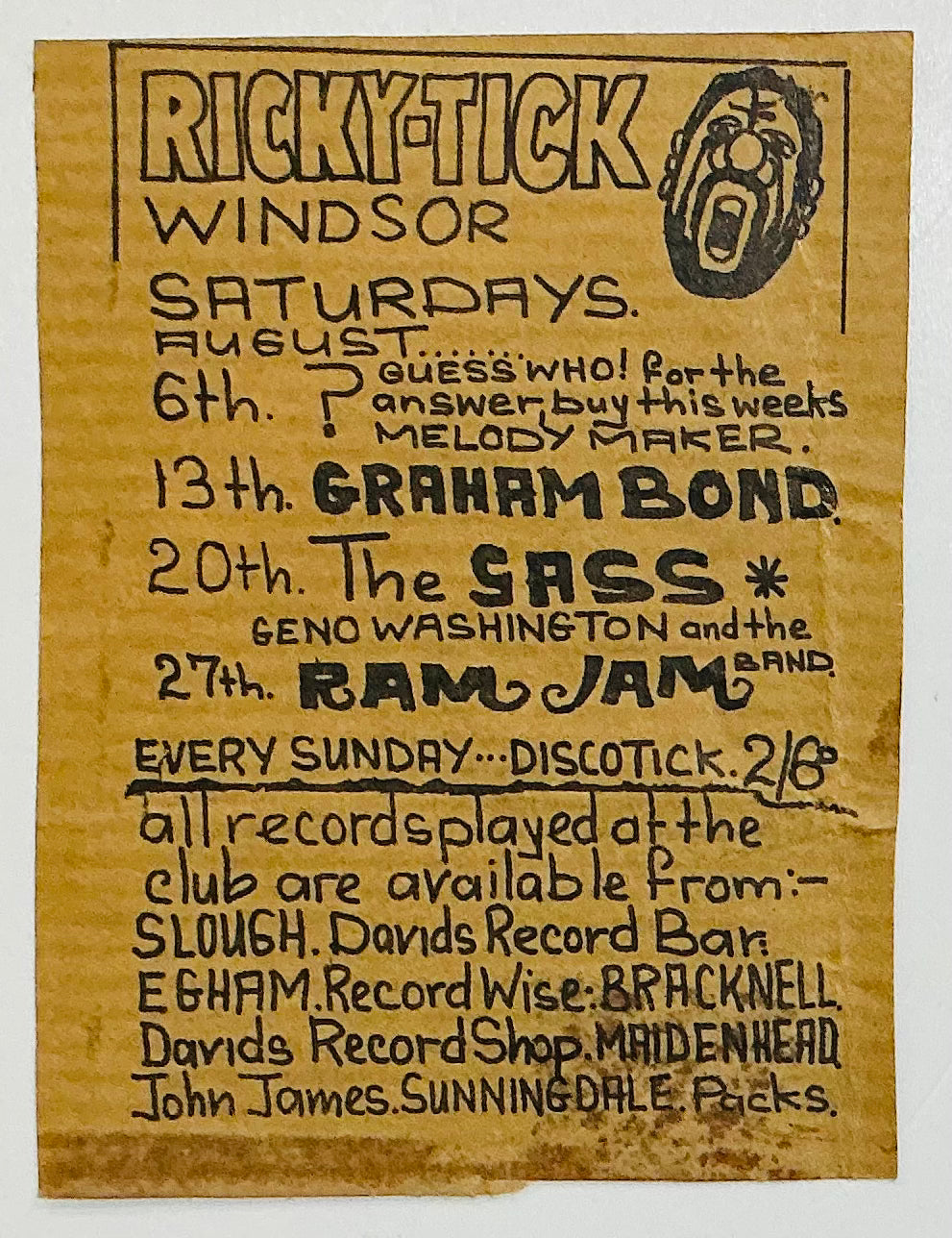 Graham Bond Gass Geno Washington Original Uncut Concert Handbill Flyer Ricky Tick Club Windsor 1966