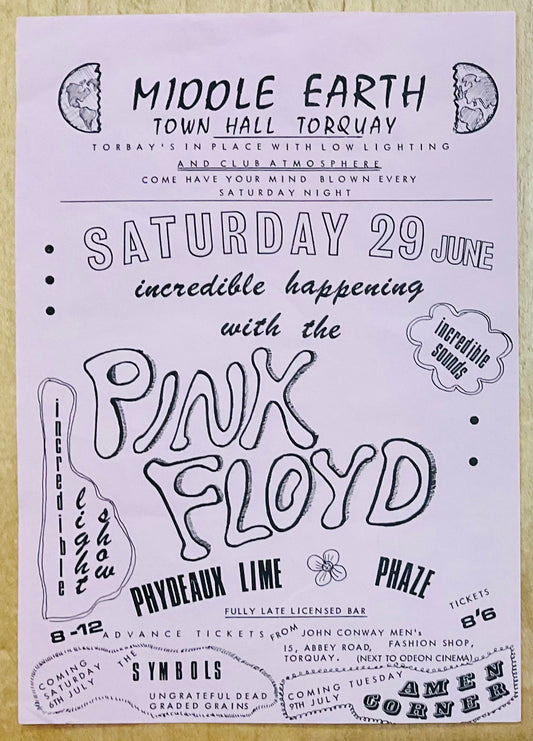 Pink Floyd Original Concert Handbill Flyer Middle Earth Town Hall Torquay 29th June 1968