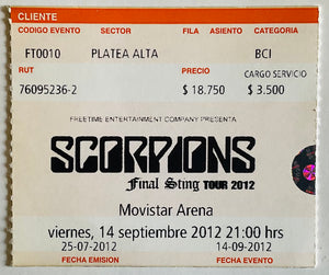 Scorpions Original Used Concert Ticket Moviestar Arena Santiago 14th Sep 2012