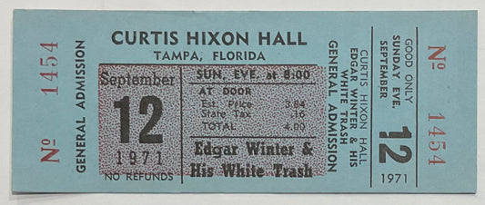 Edgar Winter & White Trash Original Unused Concert Ticket Curtis Hixon Hall Tampa 12th Sep 1971