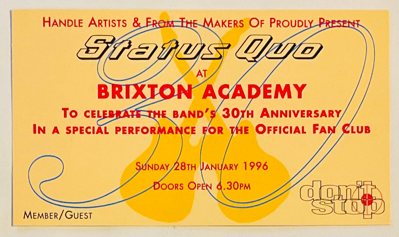 Status Quo Original Complete Concert Ticket Brixton Academy London 28th Jan 1996