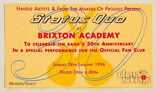 Status Quo Original Complete Concert Ticket Brixton Academy London 28th Jan 1996