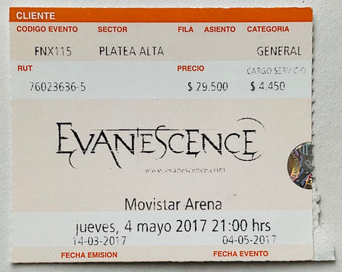 Evanescence Original Used Concert Ticket Movistar Arena Santiago 4th May 2017