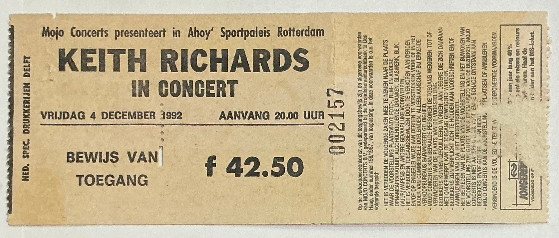 Rolling Stones Keith Richards Original Unused Concert Ticket Ahoy Sportpaleis Rotterdam 4th Dec 1992