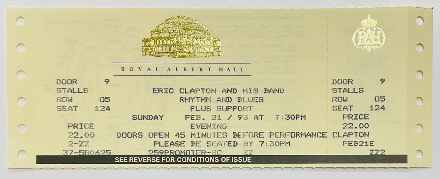 Eric Clapton Original Unused Concert Ticket Royal Albert Hall London 21st Feb 1993