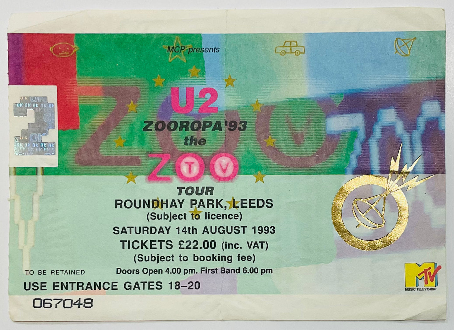 U2 Original Used Concert Ticket Roundhay Park Leeds 14th August 1993