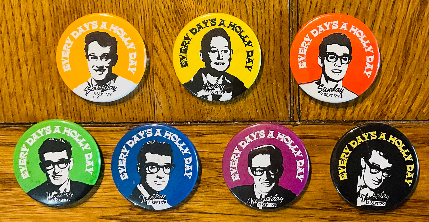 Beatles Paul McCartney Buddy Holly Week Original Set of 7 Promo Button Pin Badges Still Sealed 1979