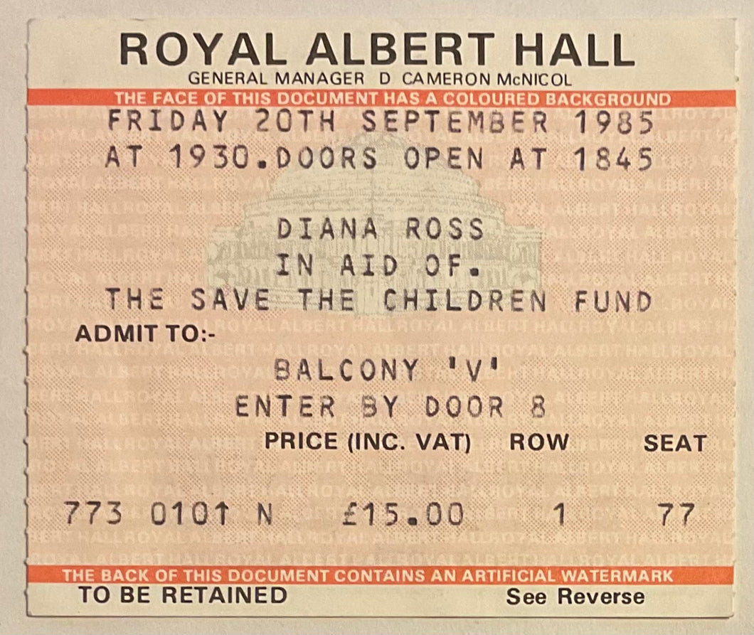 Diana Ross Original Used Concert Ticket Royal Albert Hall London 20th Sept 1985