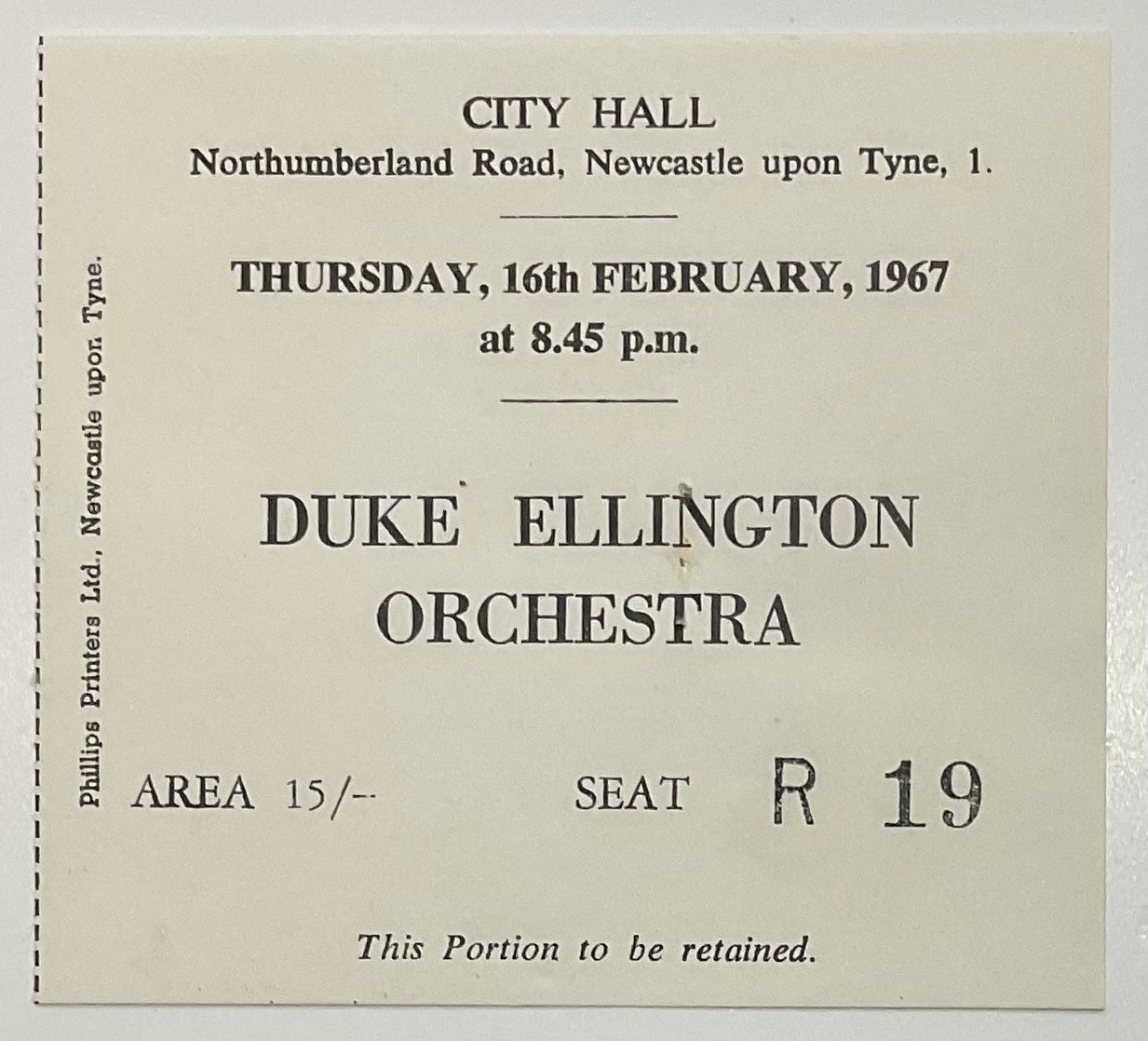 Duke Ellington Original Used Concert Ticket City Hall Newcastle 16th Feb 1967