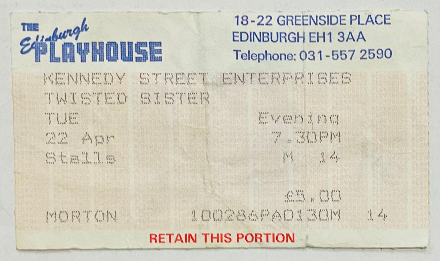 Twisted Sister Original Used Concert Ticket Edinburgh Playhouse 22nd Apr 1986