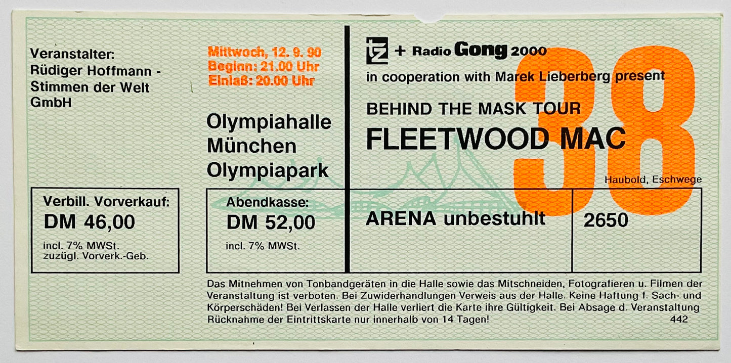 Fleetwood Mac Original Unused Concert Ticket Olympiahalle Munich 12th Sep 1990