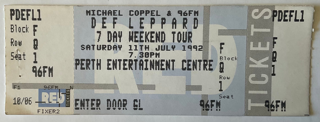 Def Leppard Original Unused Concert Ticket Perth Entertainment Centre 11th Jul 1992