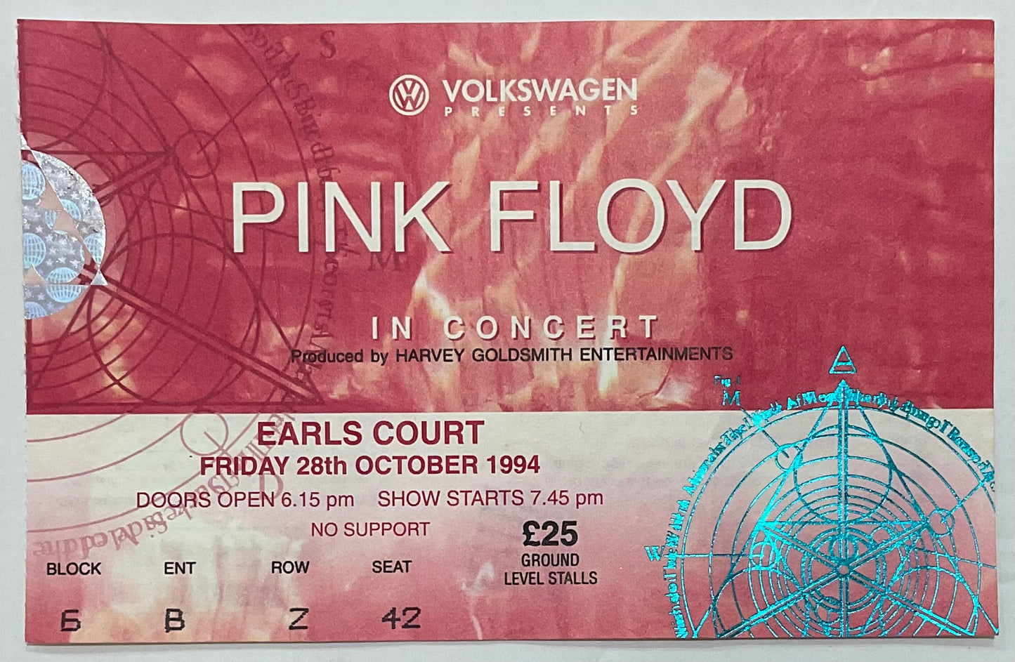 Pink Floyd Original Used Concert Ticket Earls Court London 28th Oct 1994
