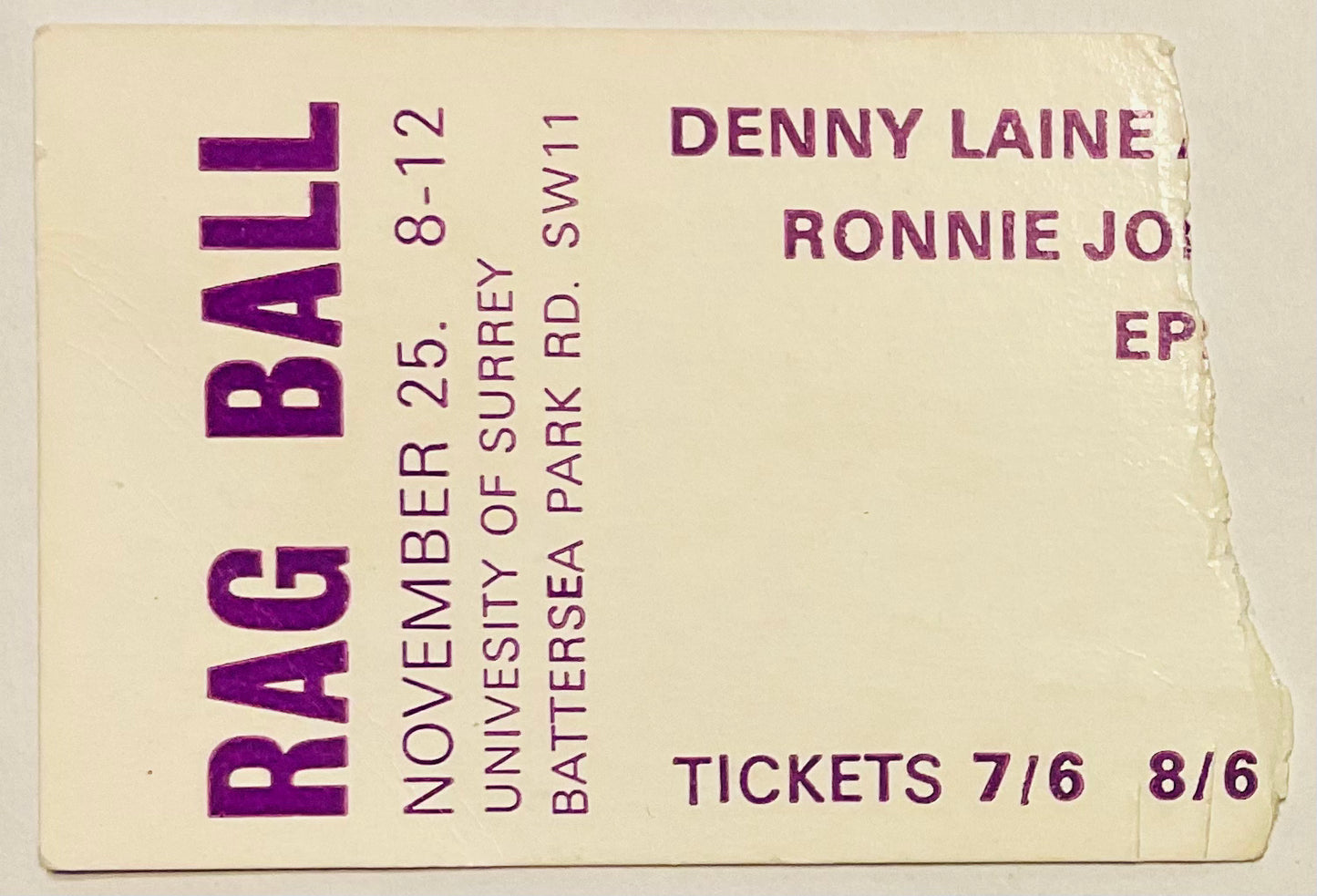 Deep Purple Episode Six Denny Laine Original Used Concert Ticket City Universtity of Surrey 25th Nov 1966