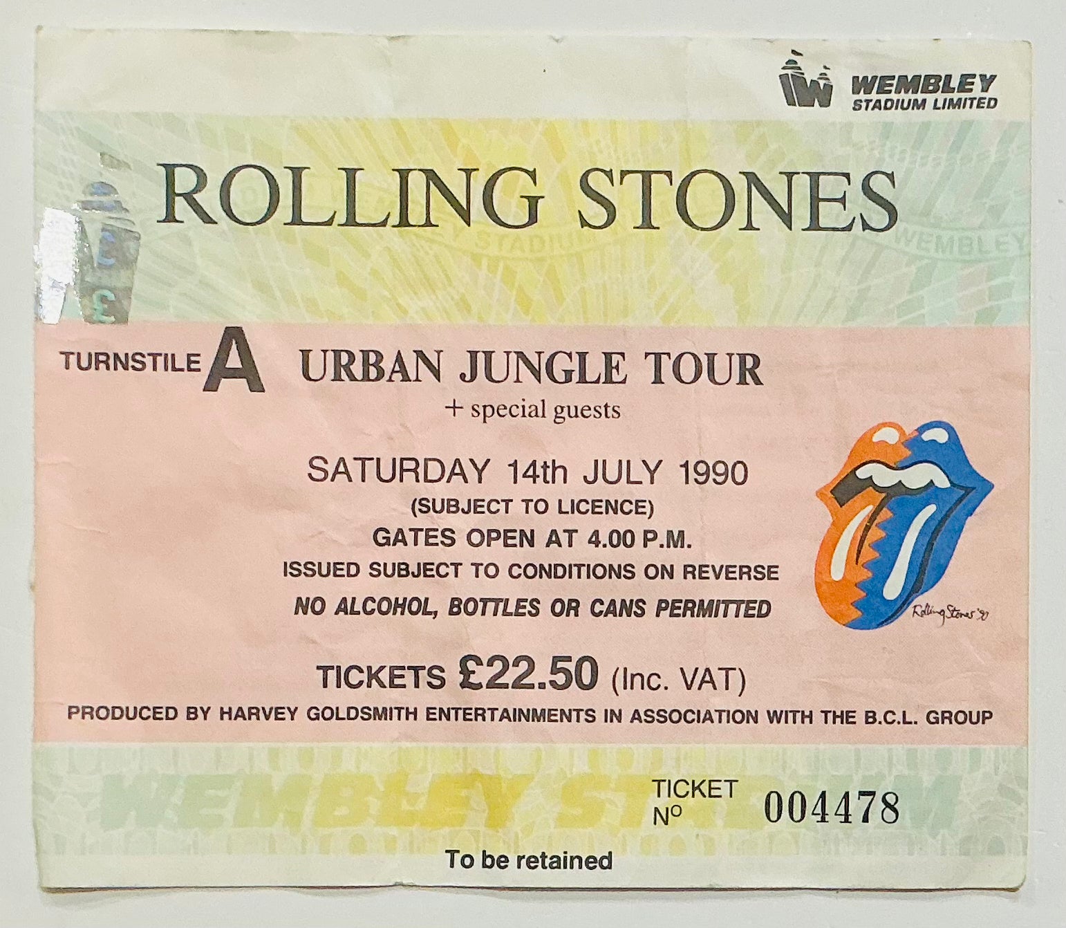 Rolling Stones Original Used Concert Ticket Wembley Stadium London 14th Jul 1990