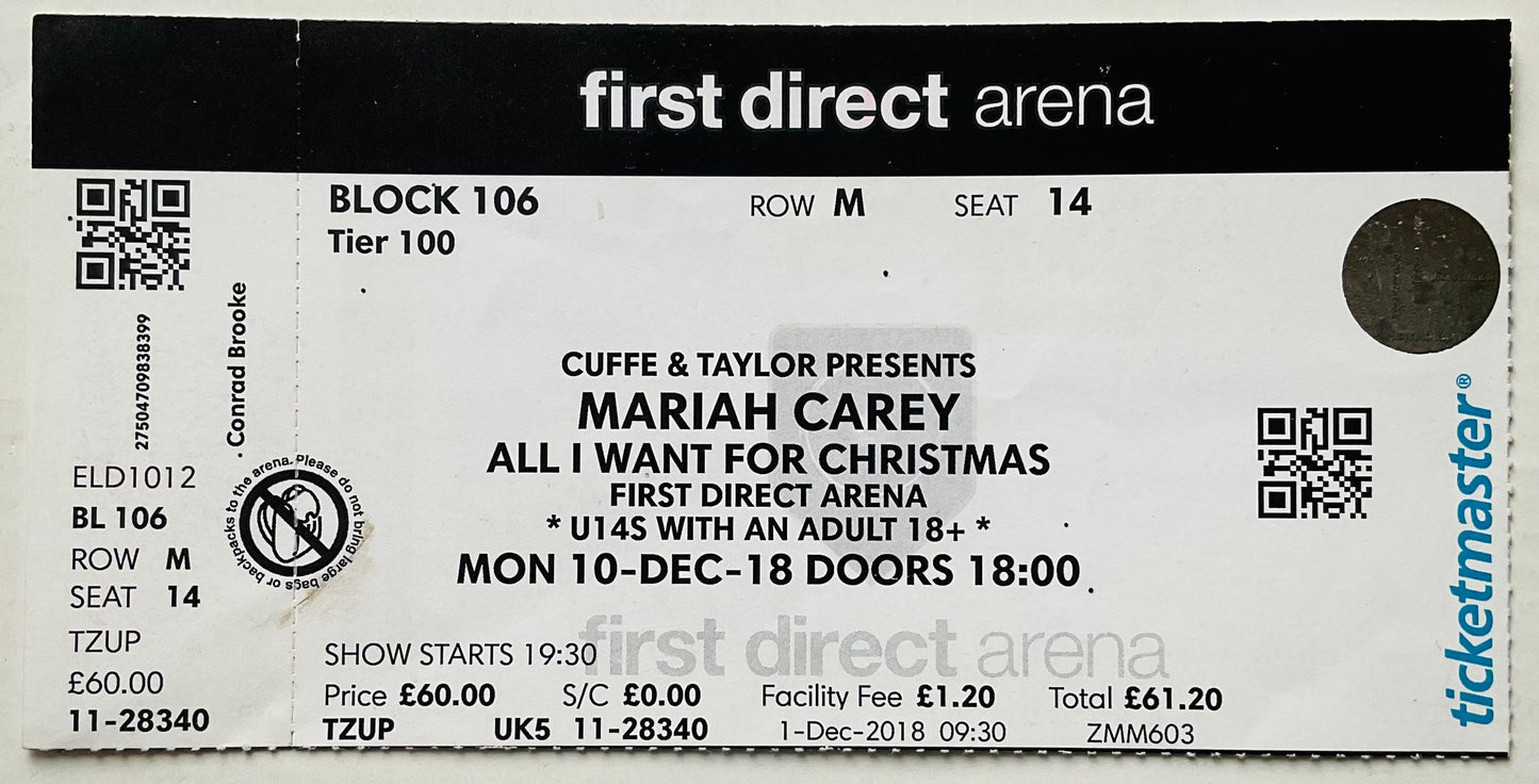 Mariah Carey Original Unused Concert Ticket First Direct Arena Leeds 10th Dec 2018