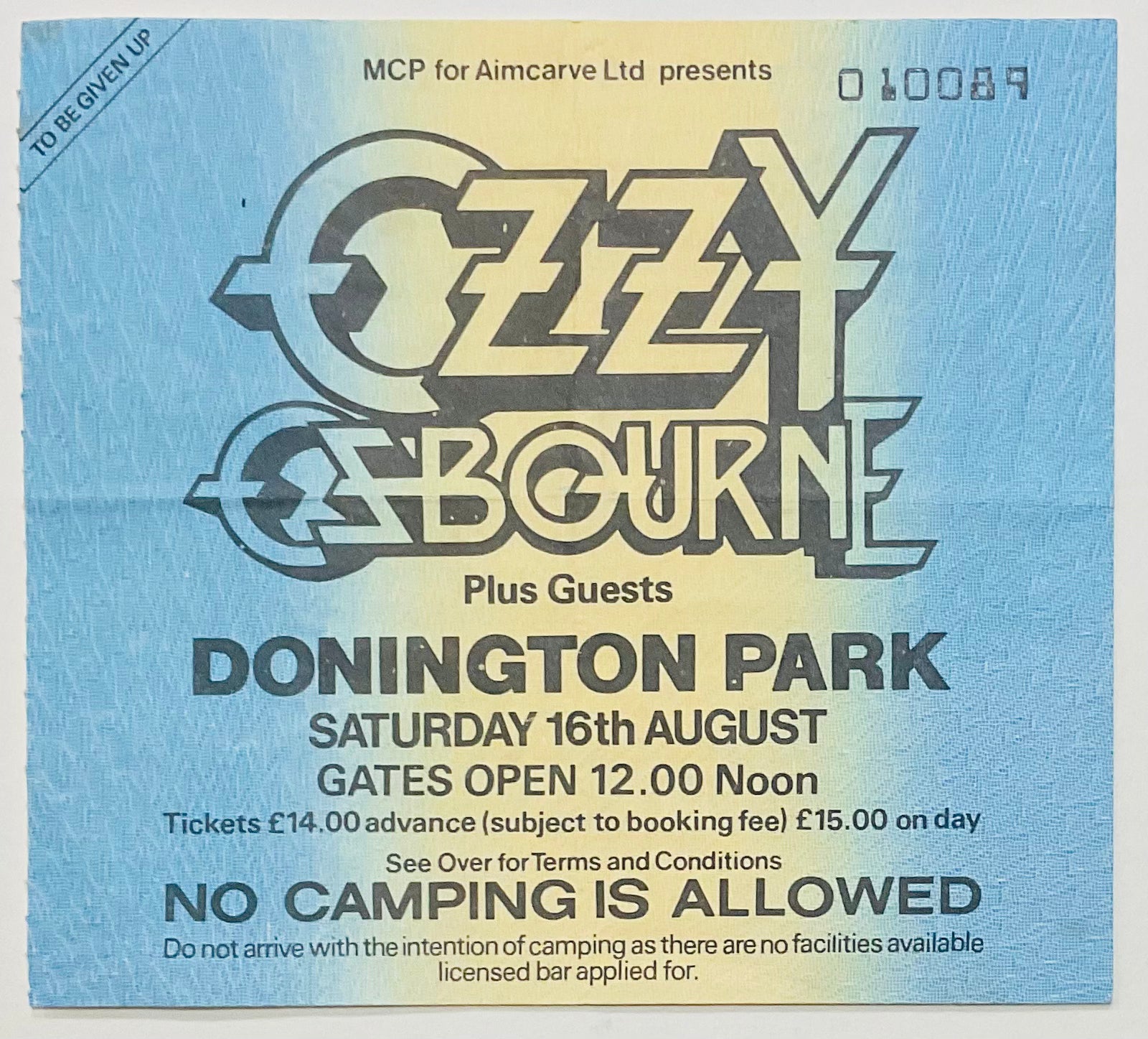 Ozzy Osbourne Motorhead Original Used Concert Ticket Donington Park 16th Aug 1986