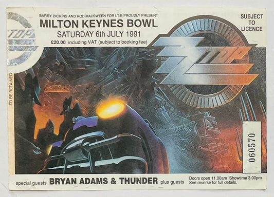 ZZ Top Bryan Adams Thunder Original Used Concert Ticket Milton Keynes Bowl 1991