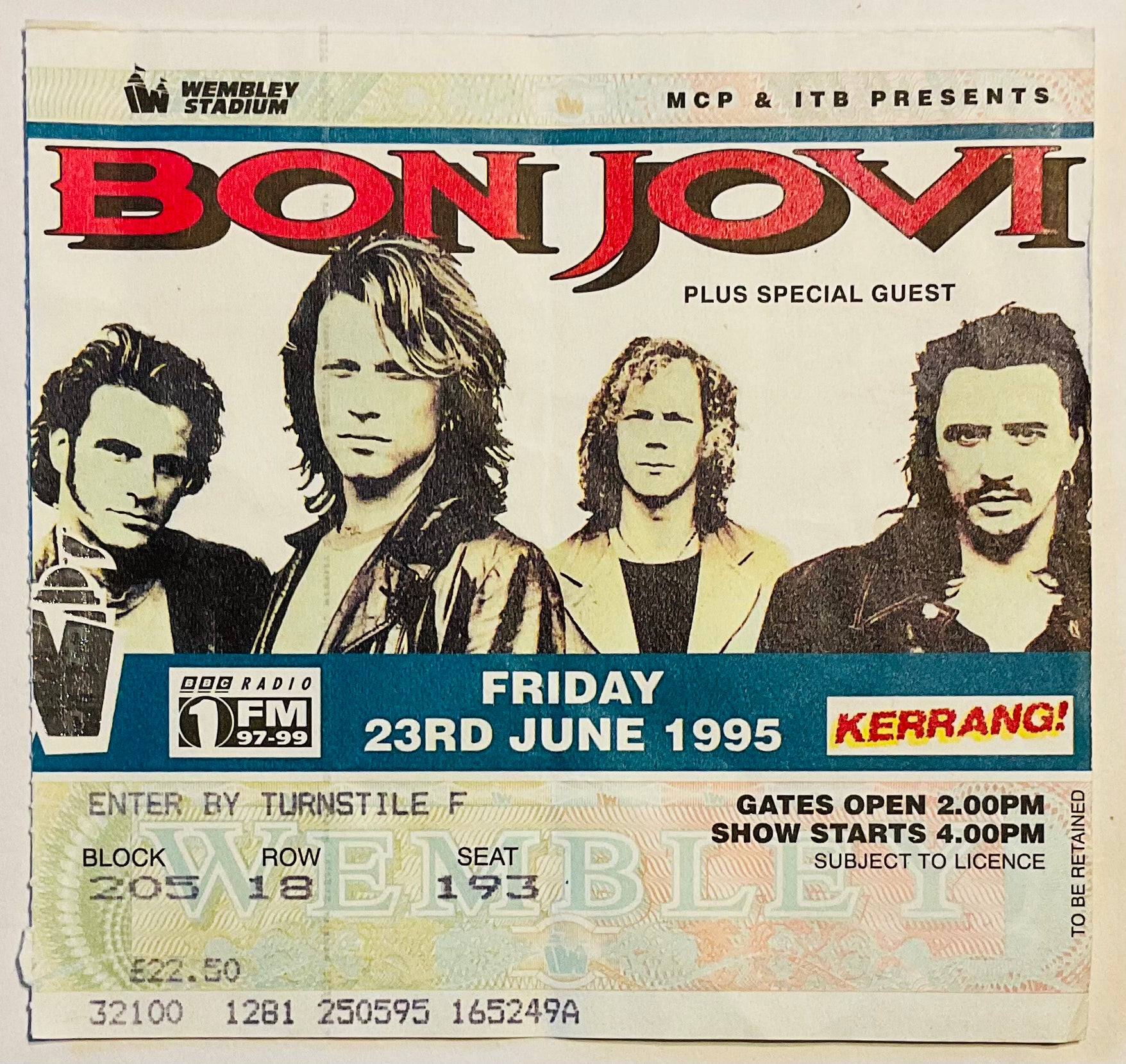 Bon Jovi Original Used Concert Ticket Wembley Stadium London 23rd June 1995