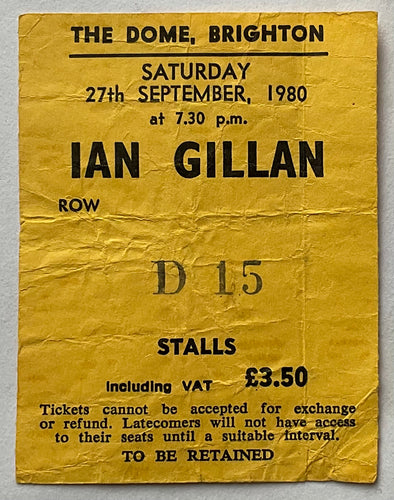 Ian Gillan Original Used Concert Ticket The Brighton Dome 27th Sep 1980